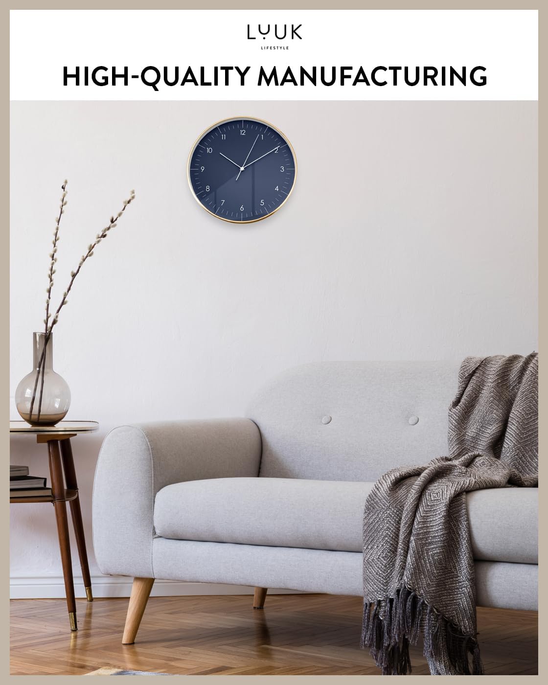 Modern Silent Quartz Wall Clock, 12in, Dark Blue & Gold | Elegant & Simple, Non-ticking, Analog, Easy-to-read display