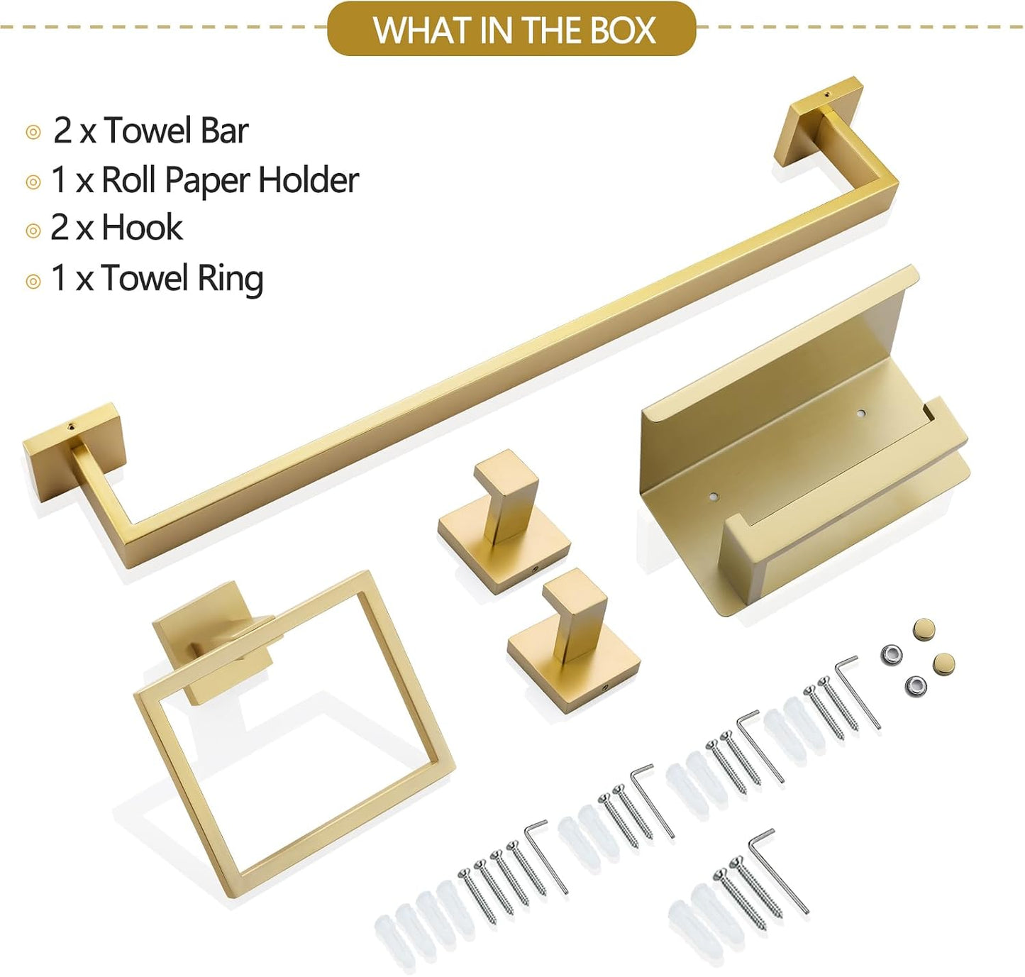 6-Piece Bathroom Hardware Set 23.6 Inch Gold Towel Bar Set Double Towel Bar Towel Ring Coat Hook and Toilet Paper