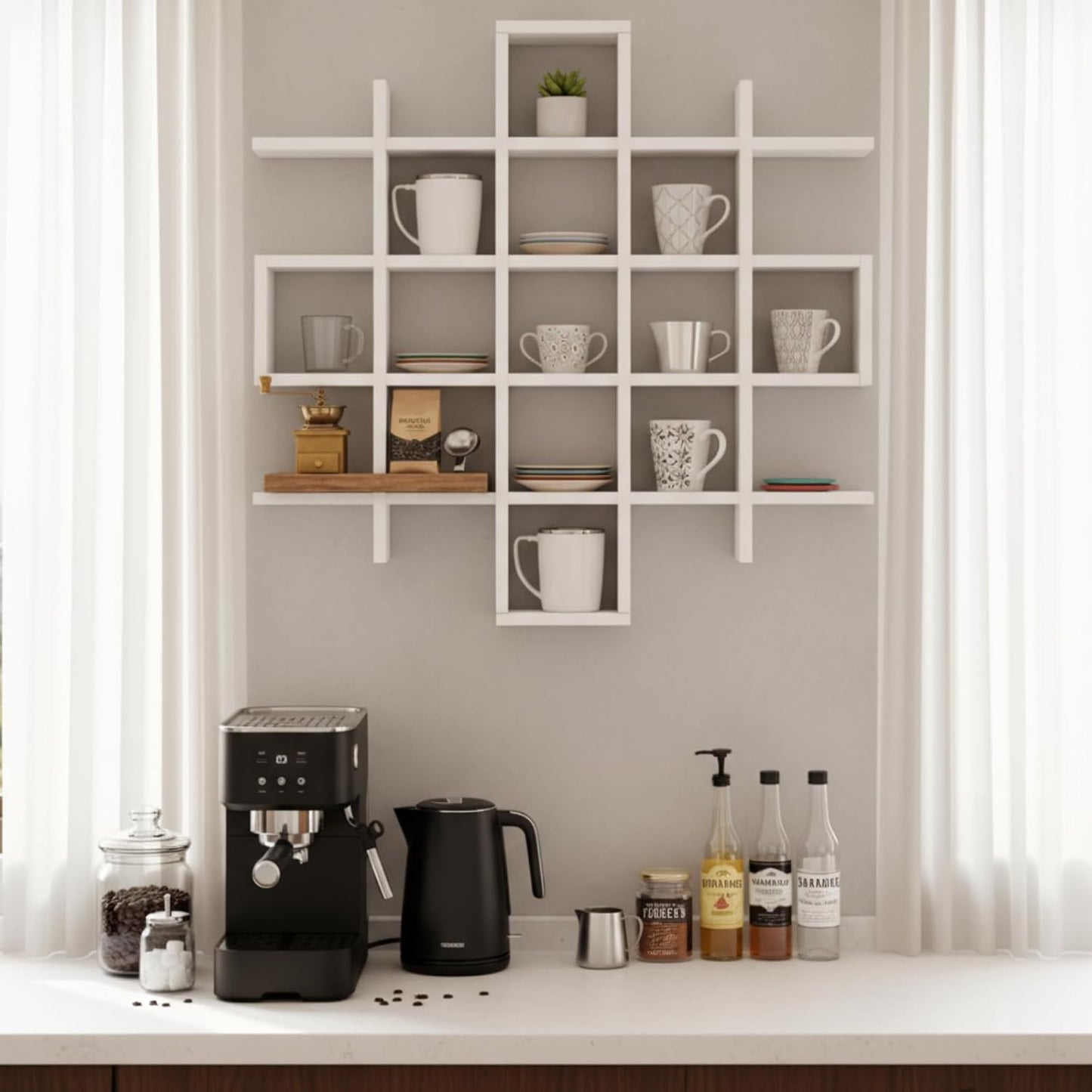 Suzile Mug Display Shelf Wall Mounted,Grid Size 5.1x5.1x3in,White | Rustic Wood Floating Shadow Box for Coffee Mugs
