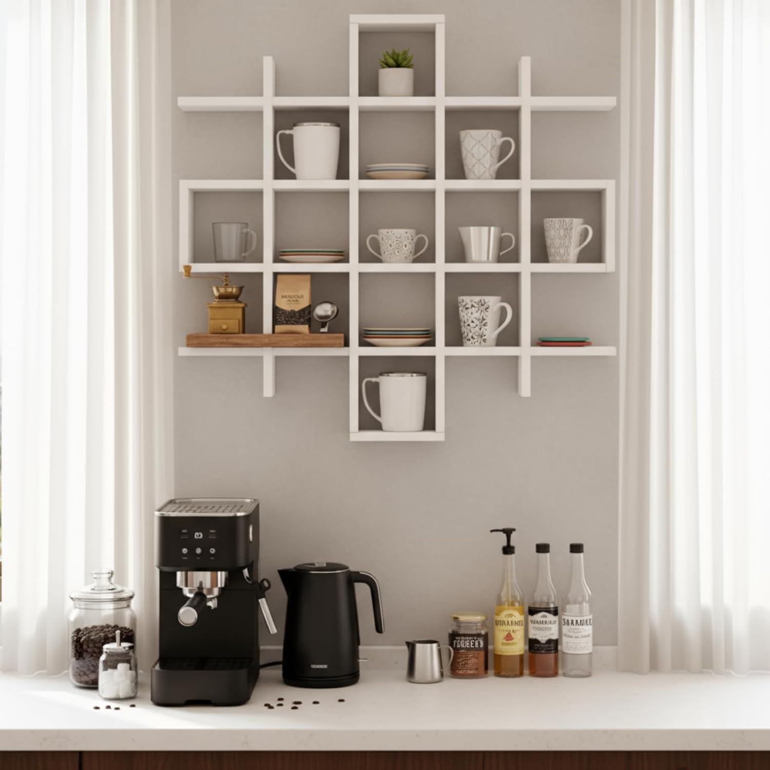 Suzile Mug Display Shelf Wall Mounted,Grid Size 5.1x5.1x3in,White | Rustic Wood Floating Shadow Box for Coffee Mugs