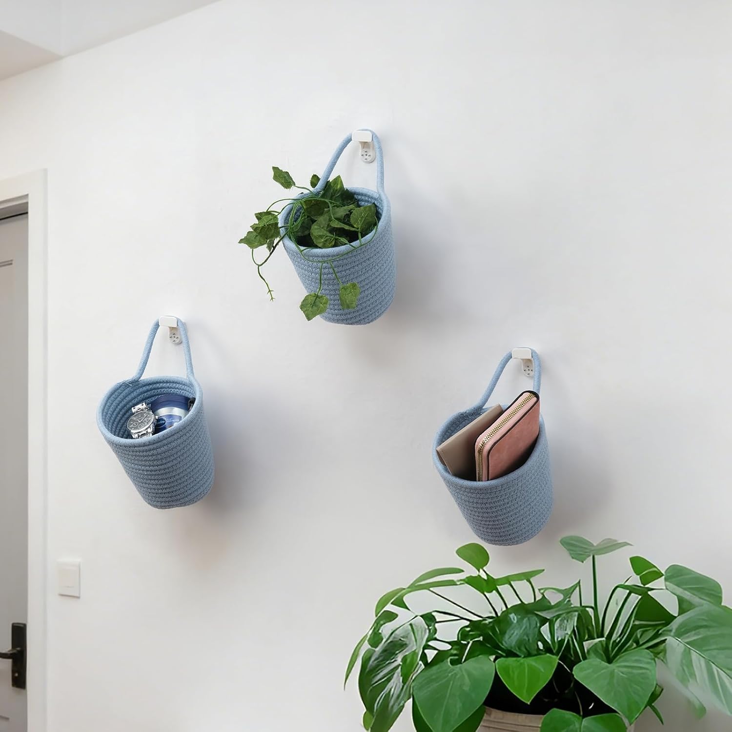 Cotton Rope Woven Hanging Baskets Small Boho Pouches / Blue / Set of 3