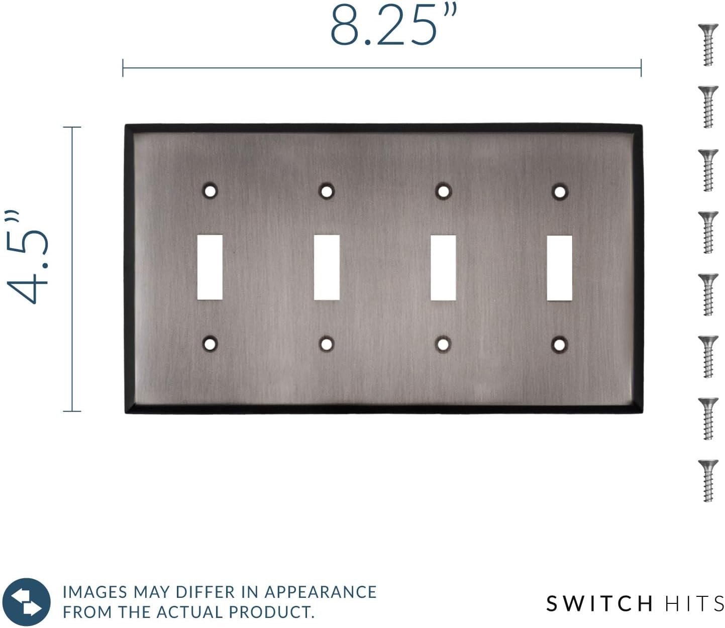 Antique Pewter Outlet Wall Plate | 4 Toggle | 8.25" x 4.5" | Hand-Polished Brass Construction | Electrical Switch Plate
