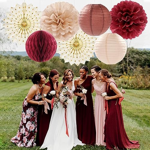 Brown Burgundy Champagne Boho Party-Decorations - 14pcs Rustic Wedding Paper Lanterns Fan,Tissue Pom Poms Streamers,Honeycomb,Fall Autumn Birthday Baby Bridal Shower Engagement Decor Lasting Surprise