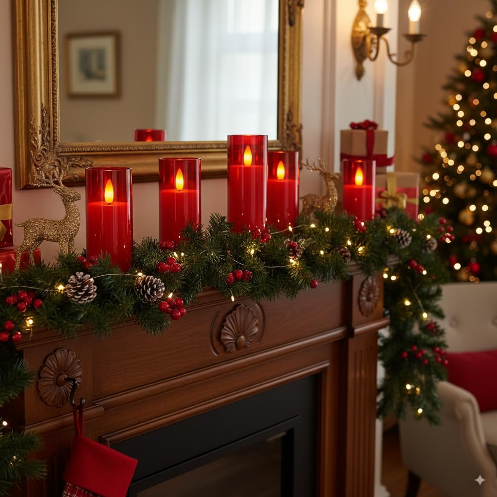 Homemory Red Flameless LED Pillar Candles, Remote Timer, 9 Pack | Battery operated flickering LED pillar c, les, dual