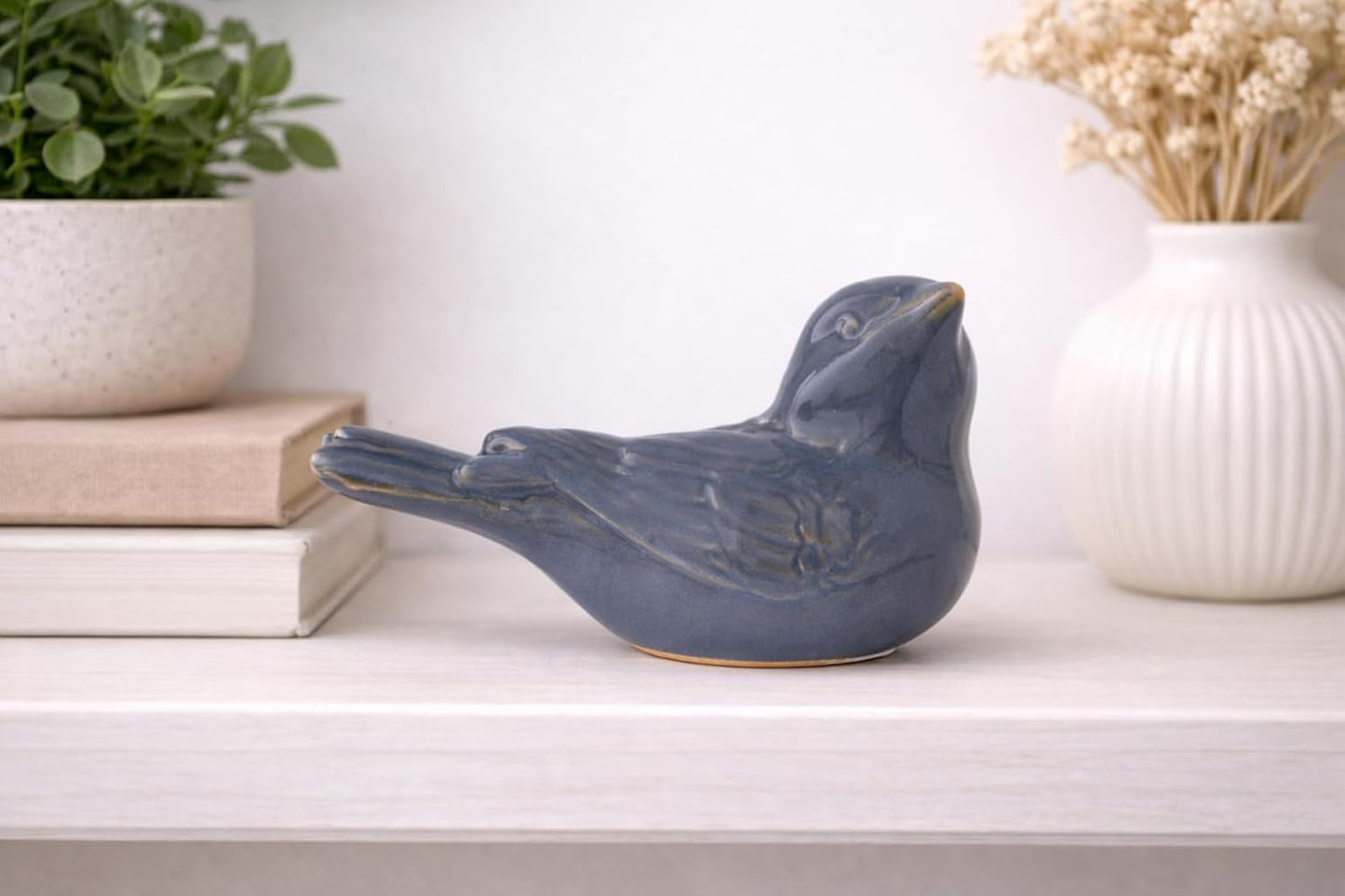 Ceramic Bird Figurine Gray Songbird / Blue