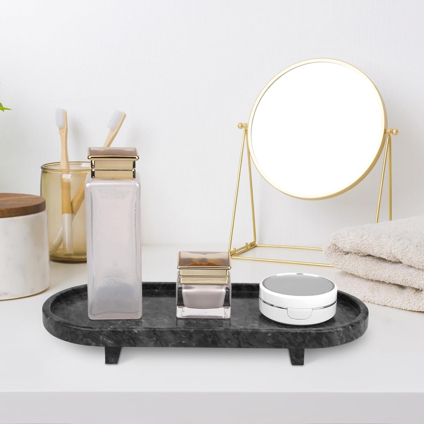 Marble Oval Bathroom Vanity Tray / Black Grey with Leg