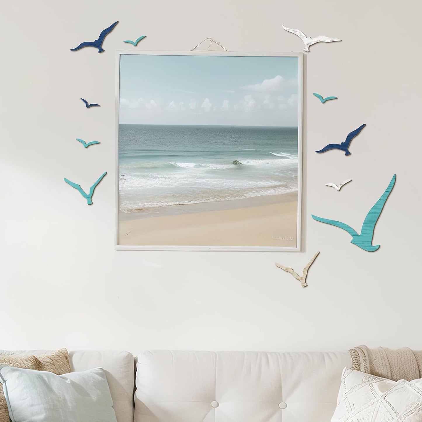 Wooden Seagull Wall Decor Nautical Theme Beach Coastal Art Small / Brown Blue White / Set of 11