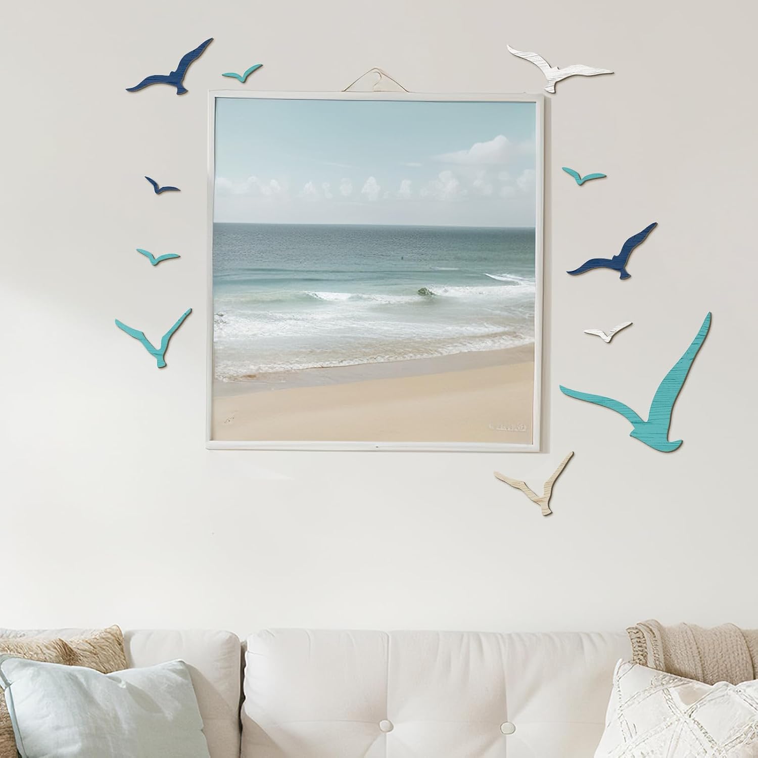 Wooden Seagull Wall Decor Nautical Theme Beach Coastal Art Small / Brown Blue White / Set of 11