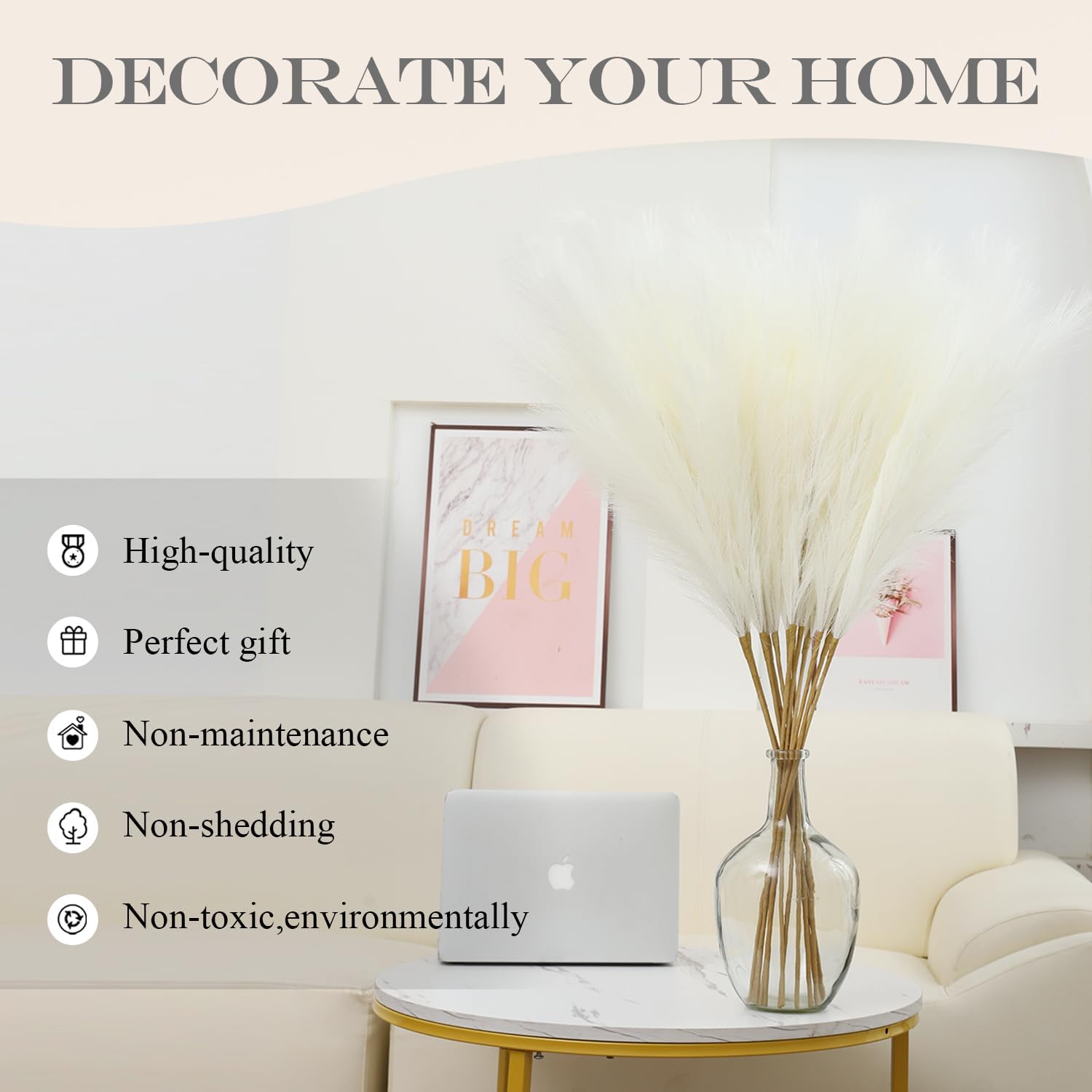 Tall Faux Pampas Grass Decor Artificial Pompas Grass for Floor Vase Filler / Cream White / Set of 8