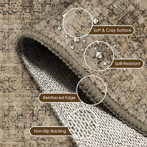 Washable Area Rug 9' x 12' Vintage Traditional Persian Mat - Foldable Distressed Non-Slip Machine Washable Carpet for