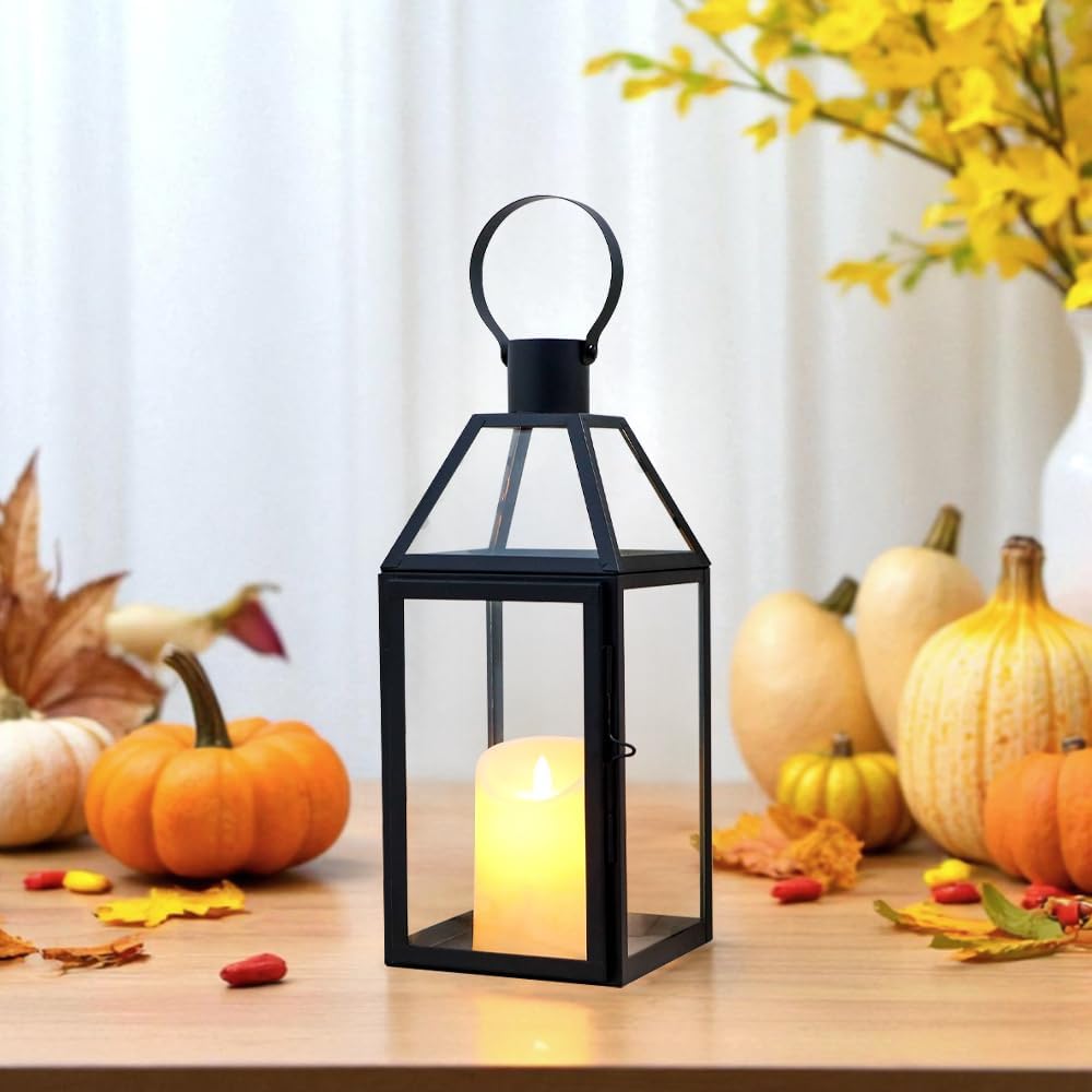 JHY DESIGN Black Decorative Lanterns 16“H Decorative Candle Lantern with Tempered Glass for Indoor Outdoor Events