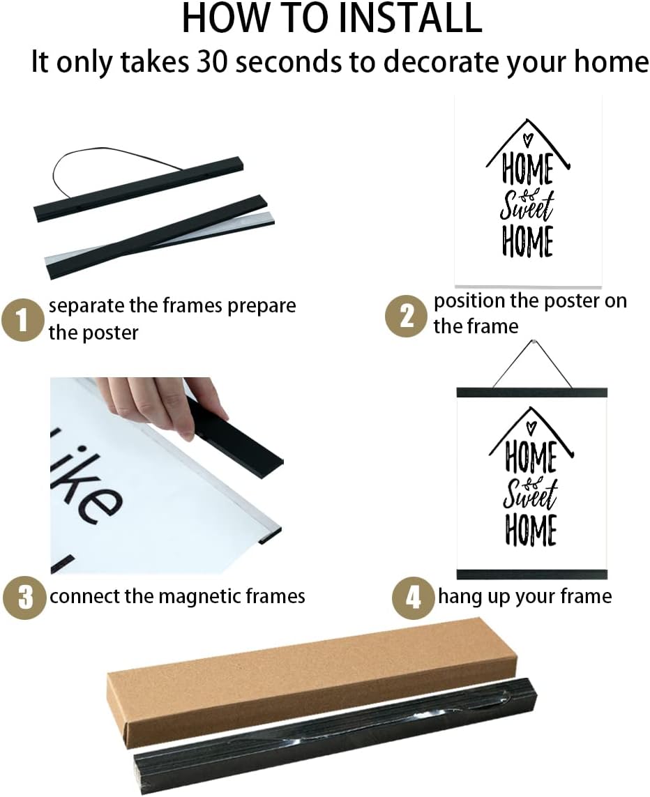 4 Pack Magnetic Poster Hanger Frame 12 inch Black- 12x16 12x18 12x20 12x24 Poster Frame for Wall Art Pictures Photos