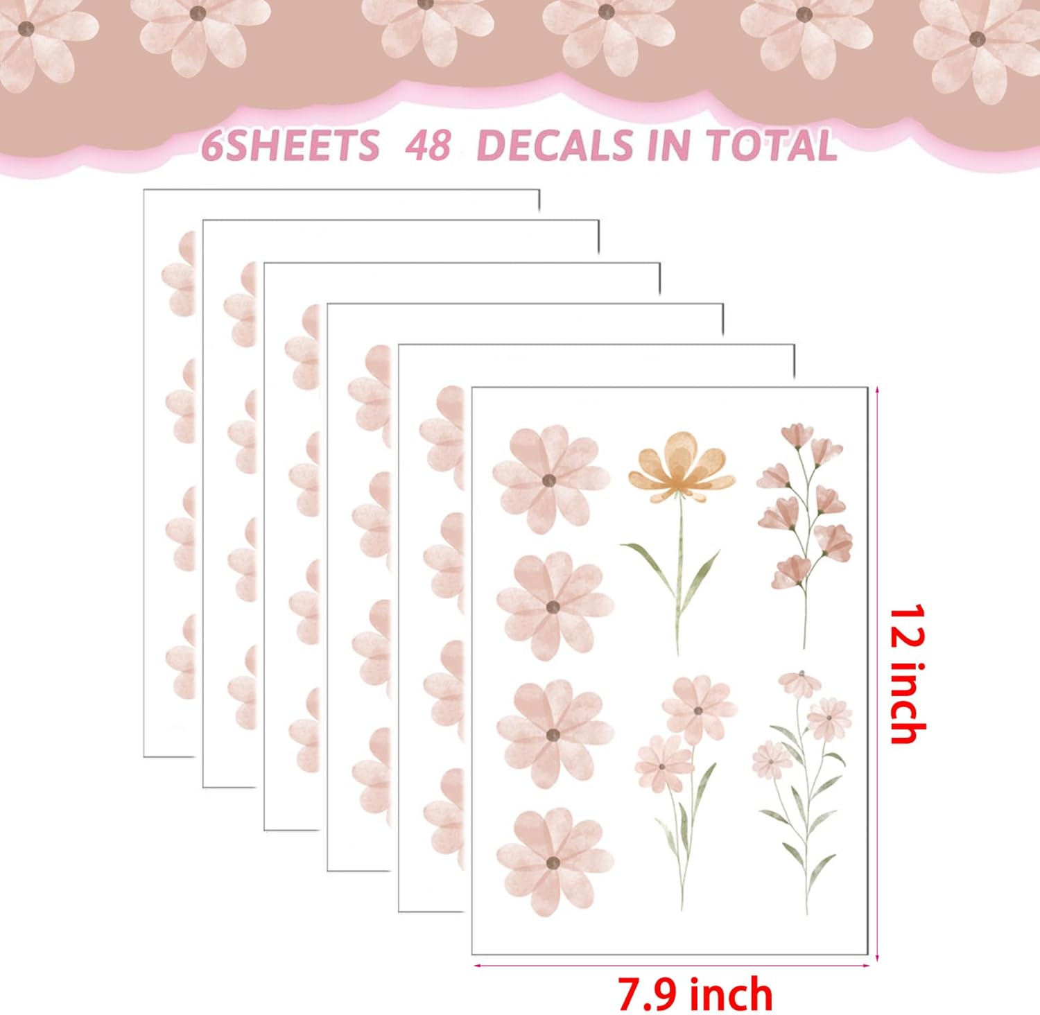 Boho Flower Stickers Daisy Wall Decals for Girls' Rooms / Boho Daisy Grey / Set of 48