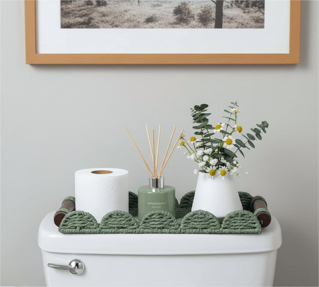 Scalloped Decorative Tray w/Wood Handle for Counter / Green / 13 x 6.3 x 1.6