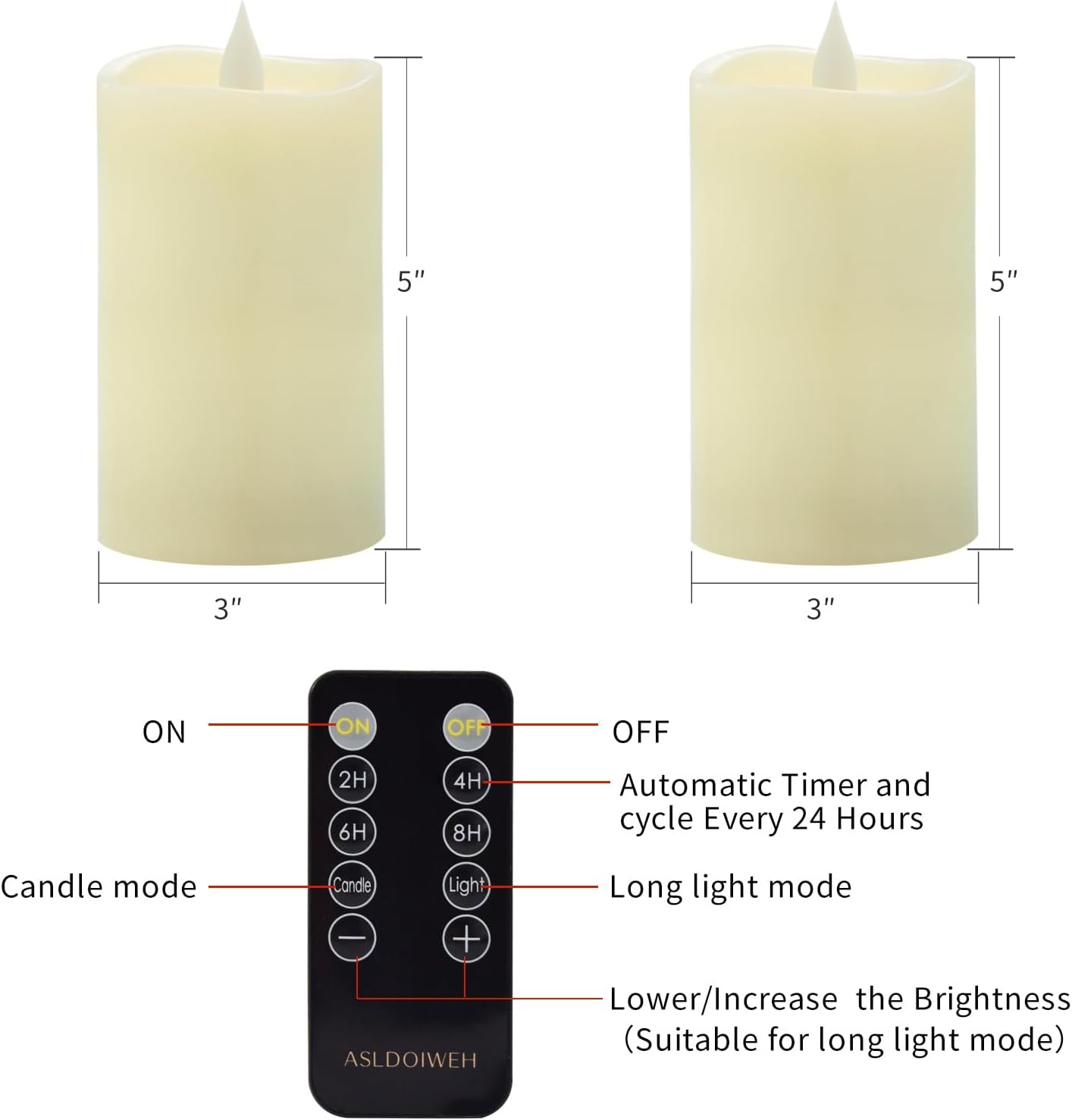 3 x 5 Flameless Candles Set of 2, 2AA Battery Life 600 Hours Battery Candles Flickering with Timer, 5 inch Flameless