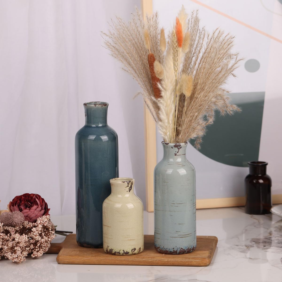 Multicolor Ceramic Vase / Blue Grey Beige / Set of 3