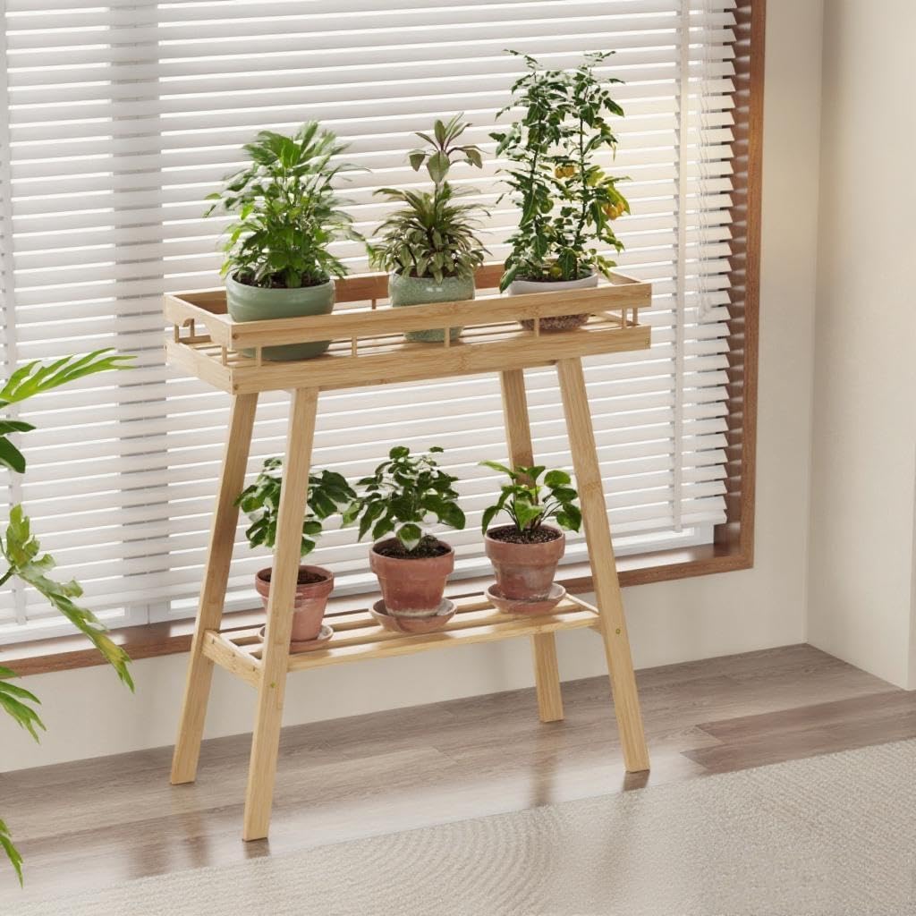 BAMBANG Bamboo Plant Stand Indoor, 2 Tier Small Plant Table, Tall Plant Stand for Indoor Plants, Window Sill Plant