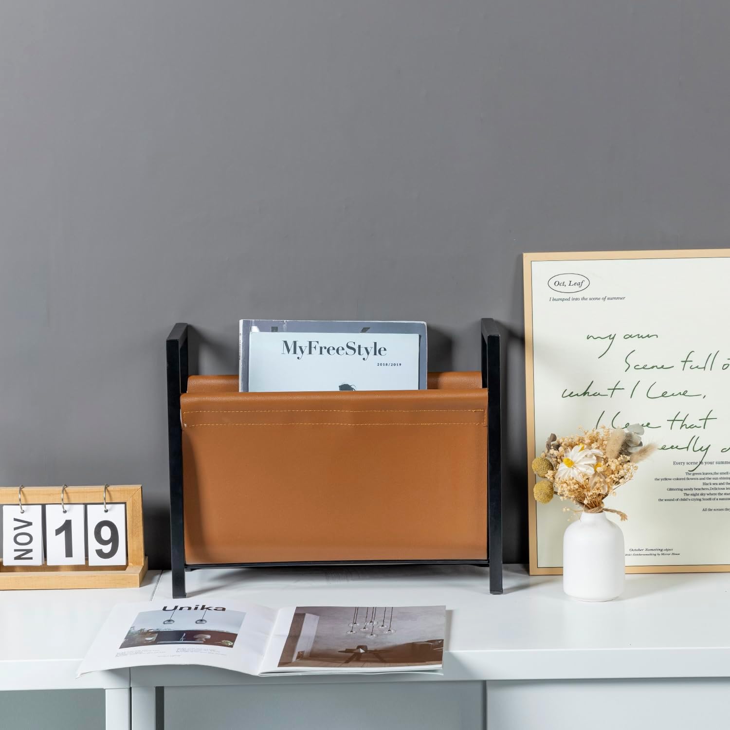 MyGift Caramel Leatherette Magazine Holder, Black Metal Floor Rack | Open sling design keeps magazines, newspapers, and