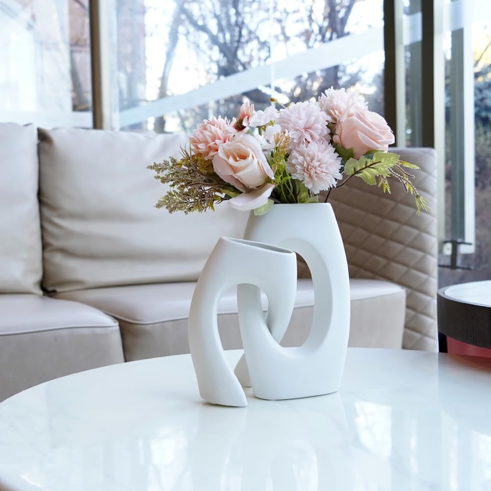 White Ceramic Vase / Champagne-colored Flowers and White Vase / Set of 2