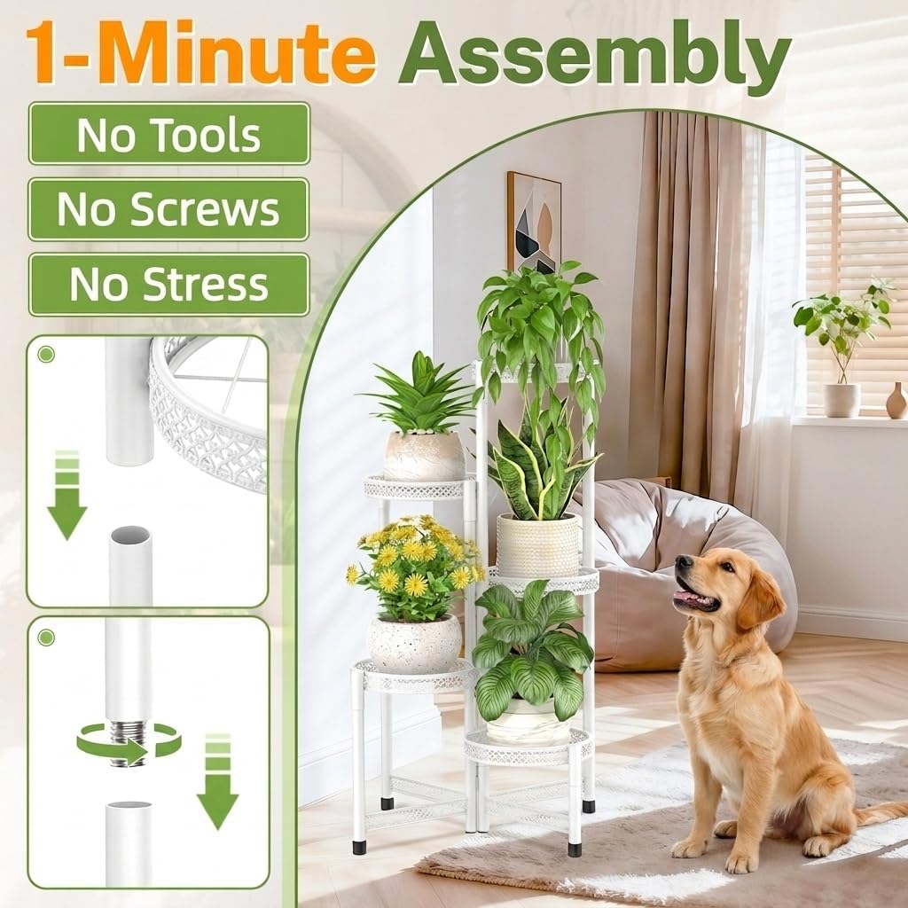 iDavosic.ly Plant Stand Indoor Outdoor, 5 Tier Iron Corner Shelf, White | Tiered Tall Flower Display Holder, Folding