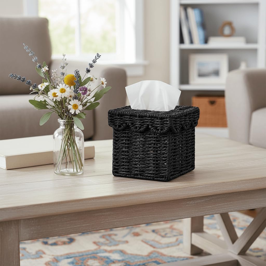 Square Wicker Tissue Box Holder Facial Tissues Boxes w/Scalloped Lid / Black