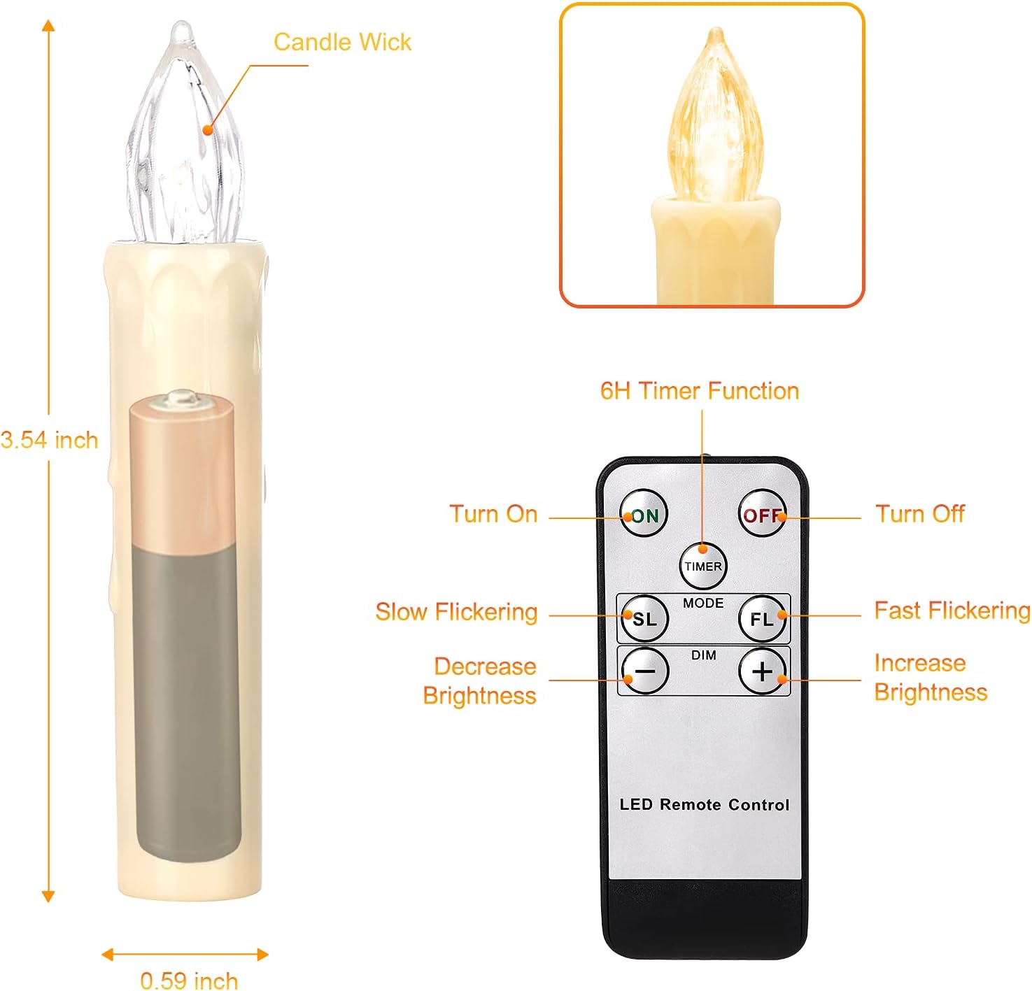 Daord Flickering Flameless Window Candle LED Christmas Tree Candle Lights Warm White Battery Operated Electric Taper