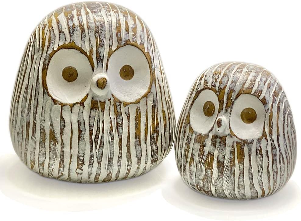 Chubby Night Owl Decor Statue Sculpture / Rustic Brown / Set of 2