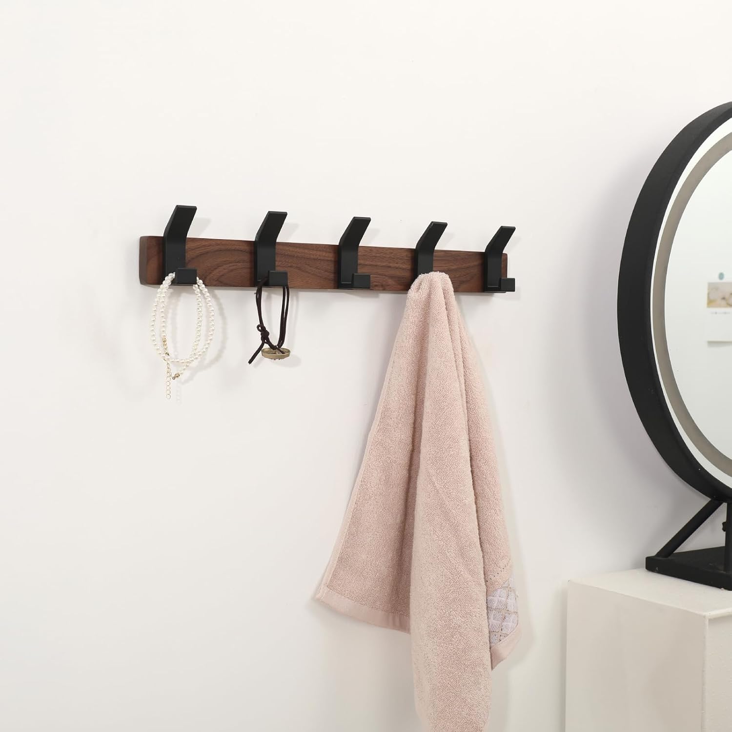 Coat Rack Wall Mount - 16.9 Inches Coat Rack Wall Mount with 5 Hooks Walnut Wood Coat Hooks Wall Mounted Rustproof Coat