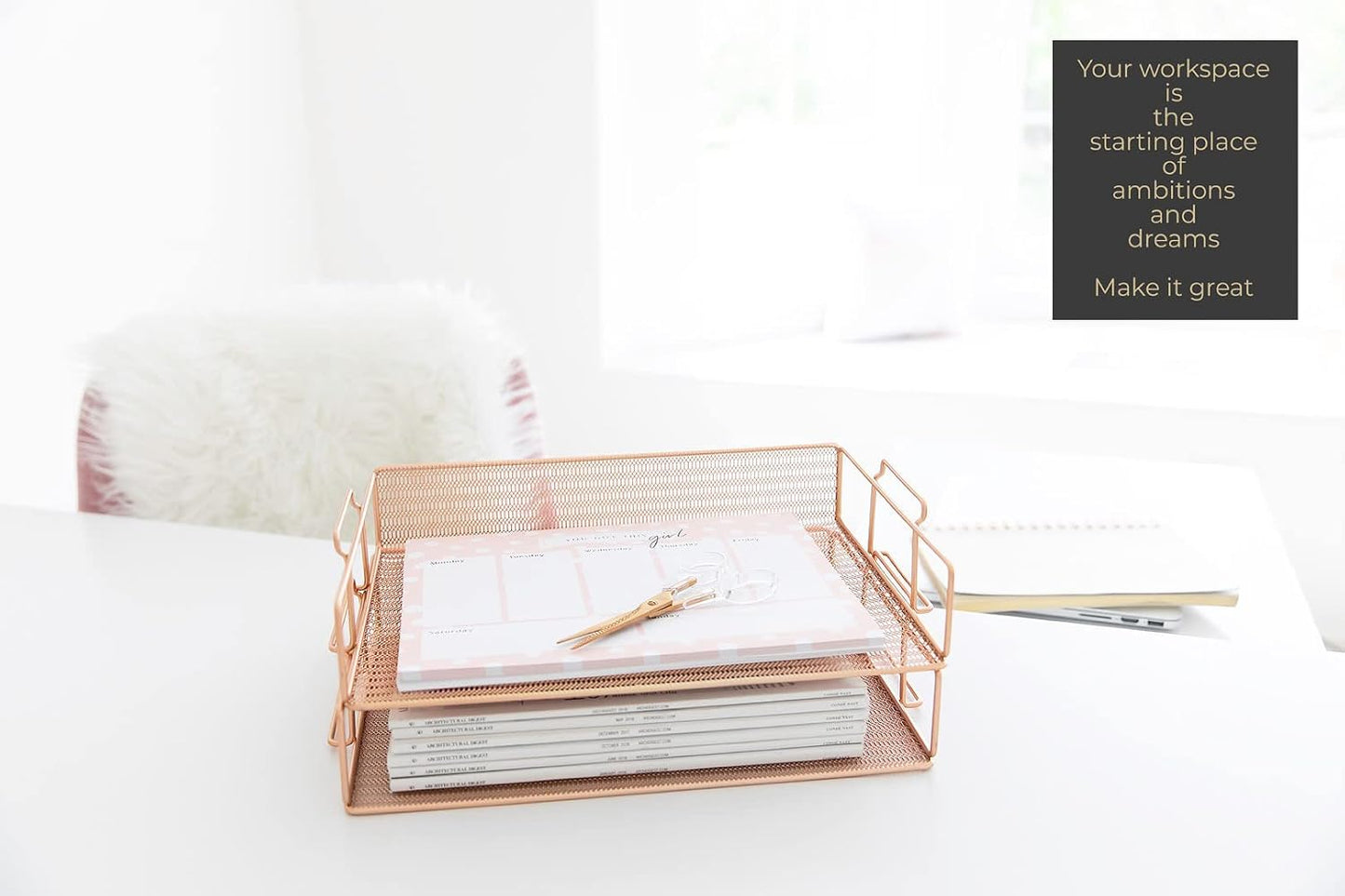 BLU MONACO | Rose Gold Mesh Paper Tray Set of 2 | Stackable Letter Trays for Desk Organization | Durable Metal Document