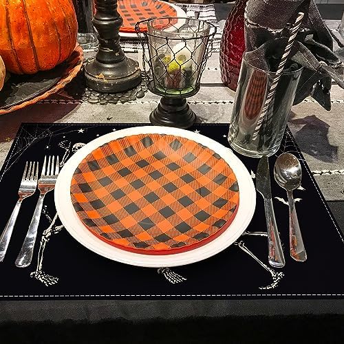 AnyDesign Halloween Dancing Skeletons Placemat - Table Mat Set of 4, Black & White Patterns, Non-Slip & Heat Resistant, 12 x 18 Inch