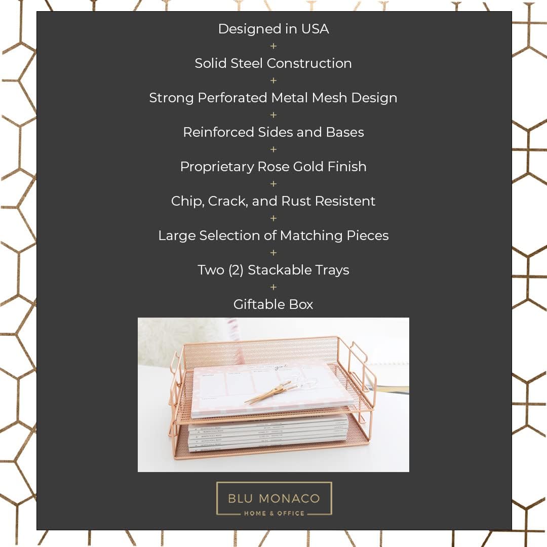 BLU MONACO | Rose Gold Mesh Paper Tray Set of 2 | Stackable Letter Trays for Desk Organization | Durable Metal Document