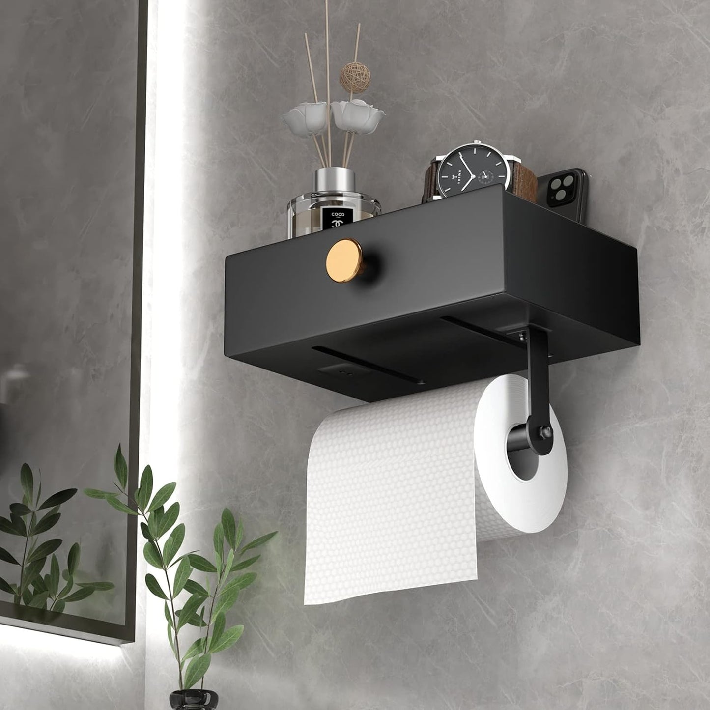 VOLDRA Toilet Paper Holder with Shelf Black Wipes Dispenser for Bathroom Stainless Steel Toilet Paper Holder with