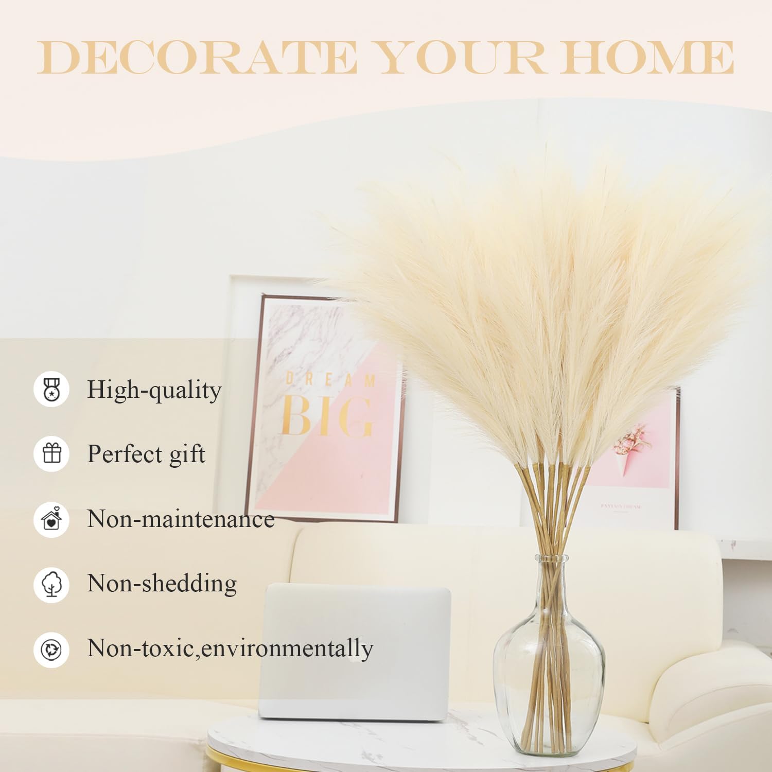 Pampas Grass for Floor Vase Fluffy Artificial Pampas Grass / Beige / Set of 8