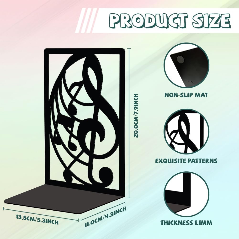 Metal Bookends / Modern Decorative Heavy Duty Study Book Support Stoppers for Desk / Musical Note