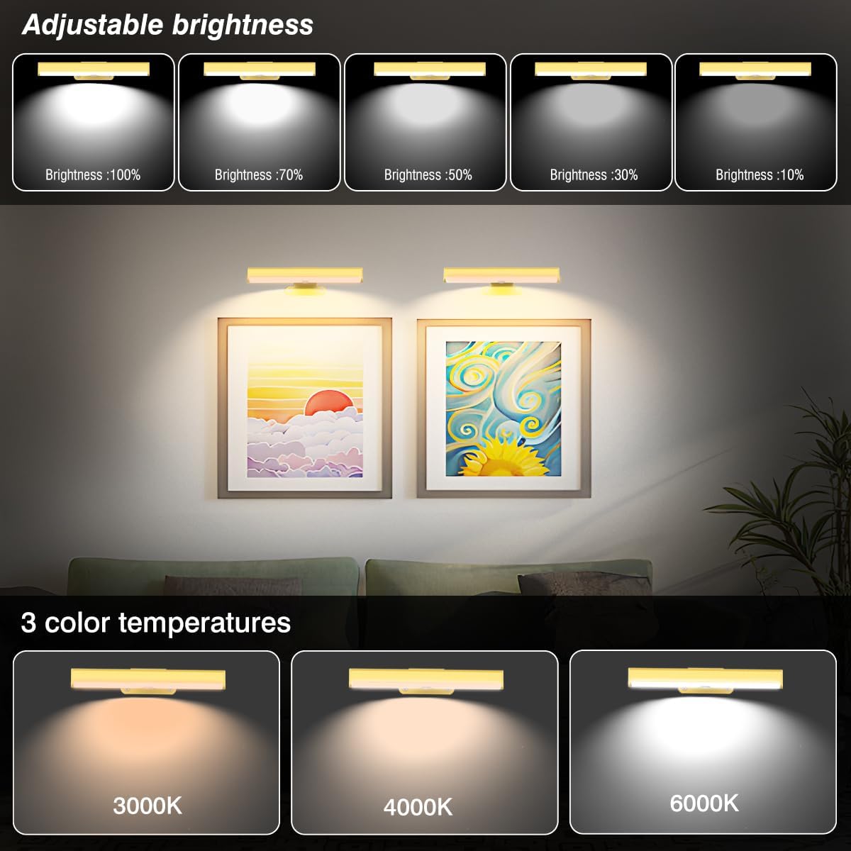 EUIOKUN Wireless Picture Light with Remote,Battery Operated Wall Sconces | 6Pcs Painting Light for Wall
