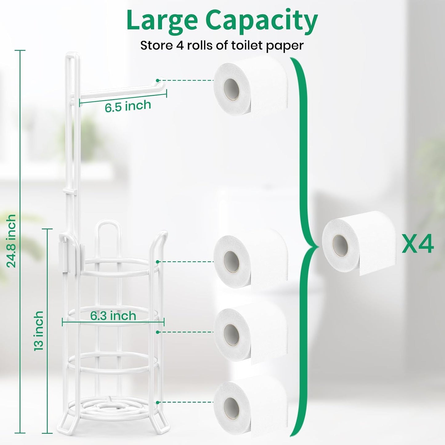 TomCare Toilet Paper Holder Stand Free Standing, Holds 4 Mega Rolls, White | Tool-Free Assembly, Detachable Metal Wire