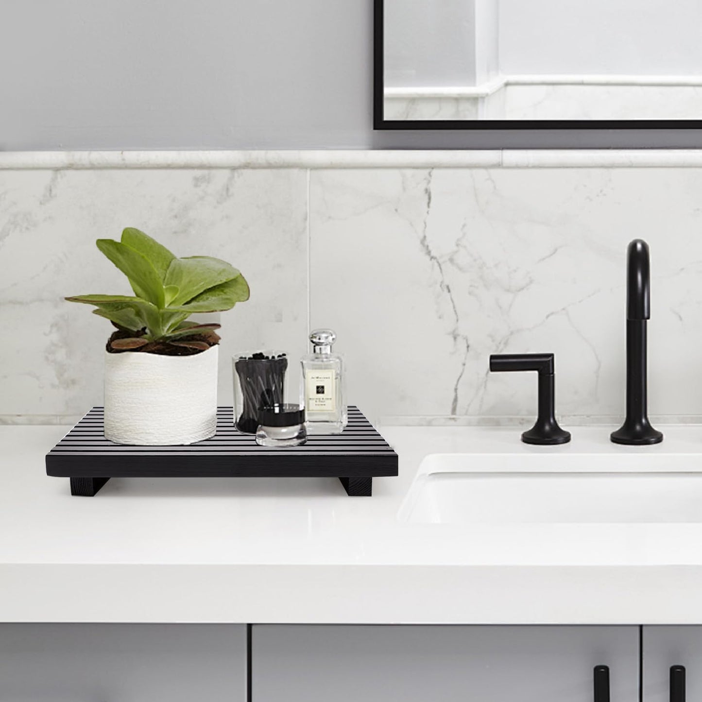 Bathroom Counter Tray Organizer Wood Riser Stand Kitchen Countertop Trays Wooden / 12 x 6.7 / Black