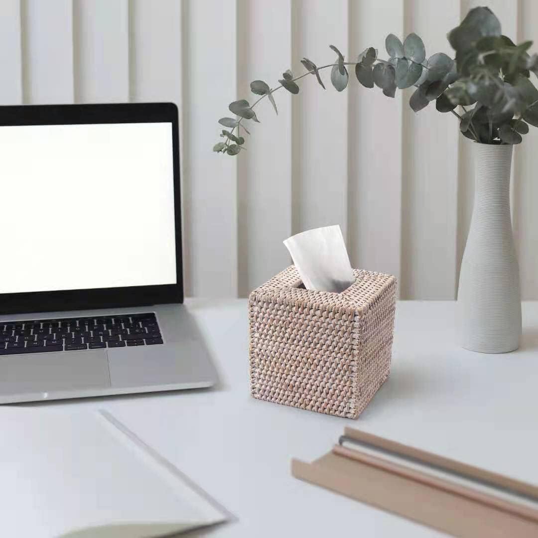 Rattan Tissue Box Cover Natural Woven Facial Napkin Holder Square / White / 5.5 x 5.5 x 5.9