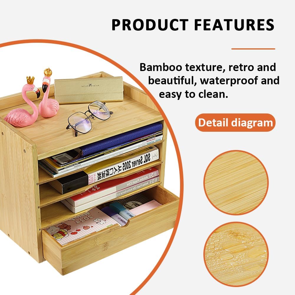 KKTONER 5-Tier Bamboo Desk Organizer with Drawer Tabletop File Organizer Document Holder with Shelf Desktop Cabinet for
