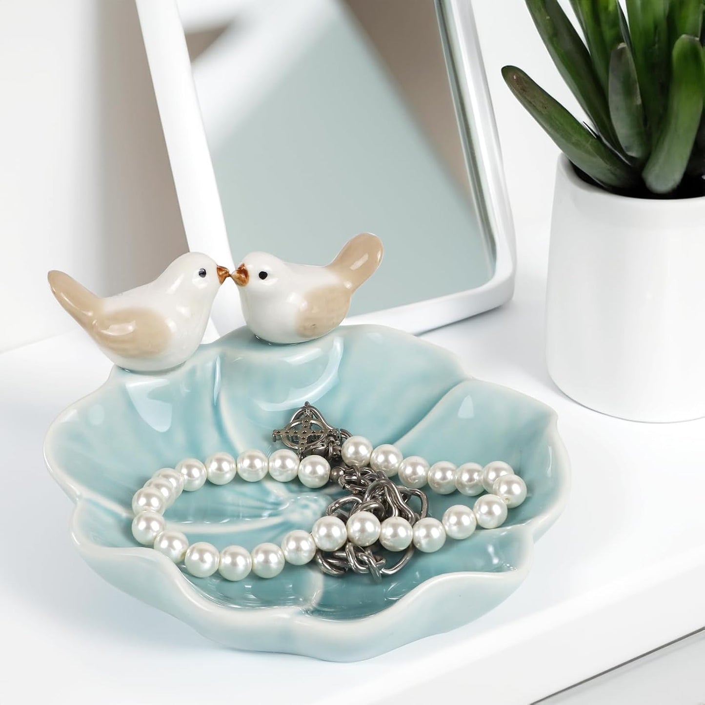 Ceramic Jewelry Tray Trinket Dish Decorative Bird & Lotus Leaf Ring Holder Dish Aesthetic / Blue