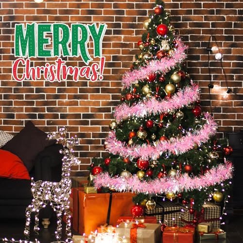 Shappy 90 ft 6 Rolls Christmas Tinsel Garland for Tree,Laser Pink
