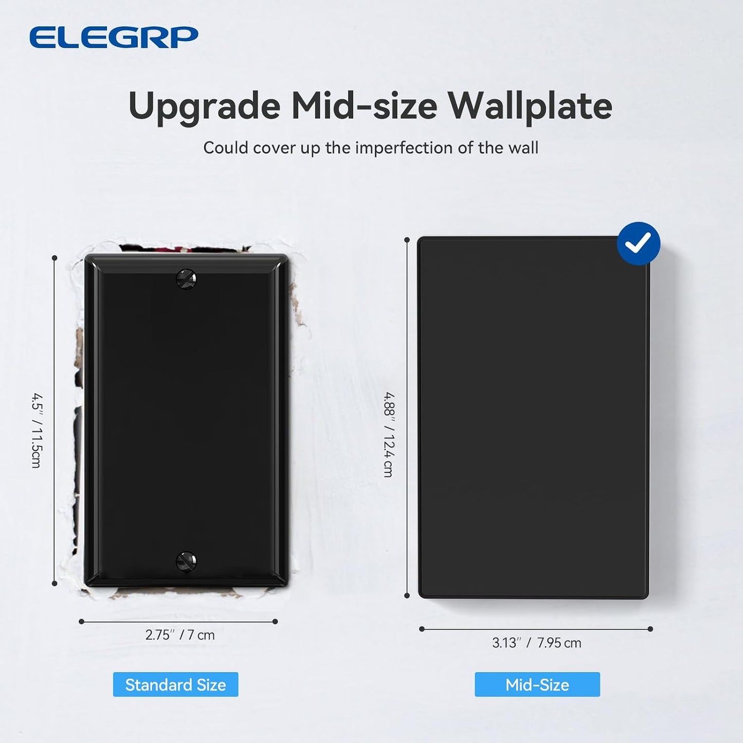 ELEGRP Blank Wall Plate Cover, 1-Gang Screwless Blank Outlet Plate, Mid-Size 4.88" x 3.13" Unbreakable Thermoplastic