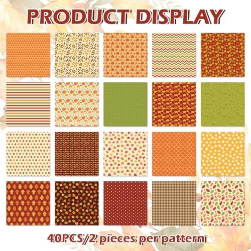 JarThenaAMCS 40Pcs Fall Cotton Fabric Bundles 10 x 10 Inch Maple Leaf Pumpkin Dot Plaid Stripe Fabric Squares Autumn Thanksgiving Sewing Fabrics for DIY Craft Party Decor