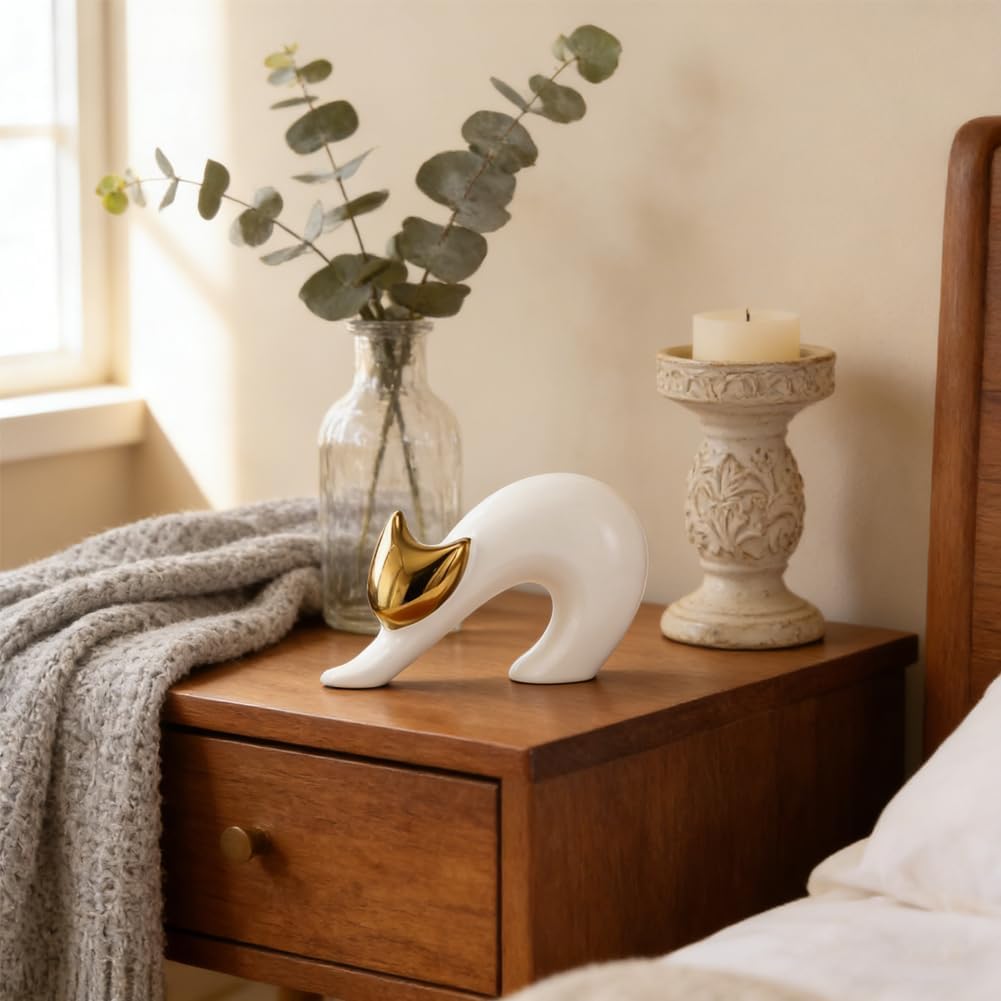 Cat Statues Home Decor White Ceramic Cat Figurine / White and Gold / 4.7in / 7.9 Inch