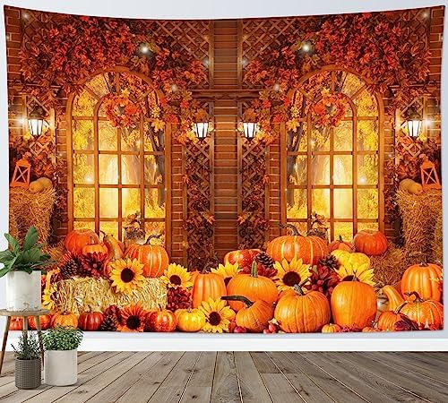 HVEST Fall Tapestry Wall Hanging Rustic Orange Pumpkin and Sunflower in Maple Tree Forest Tapestry for Bedroom, Autumn Thanksgiving Tapestries for Living Room Home Holiday Wall Decor, 59W x 51H inches