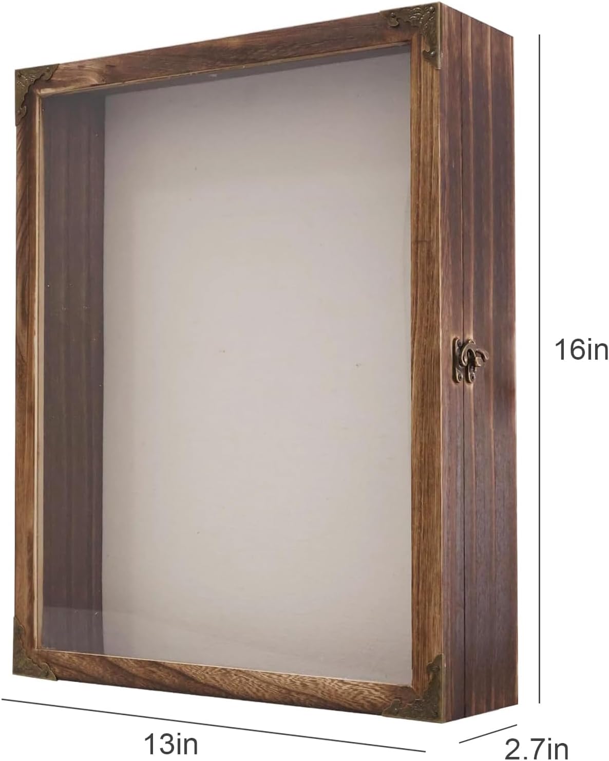 Shadow Box Frame 13x16, Large Memory Display Case with Retro Metal Corner Accents, Carbonized Wood Frame, Linen Back