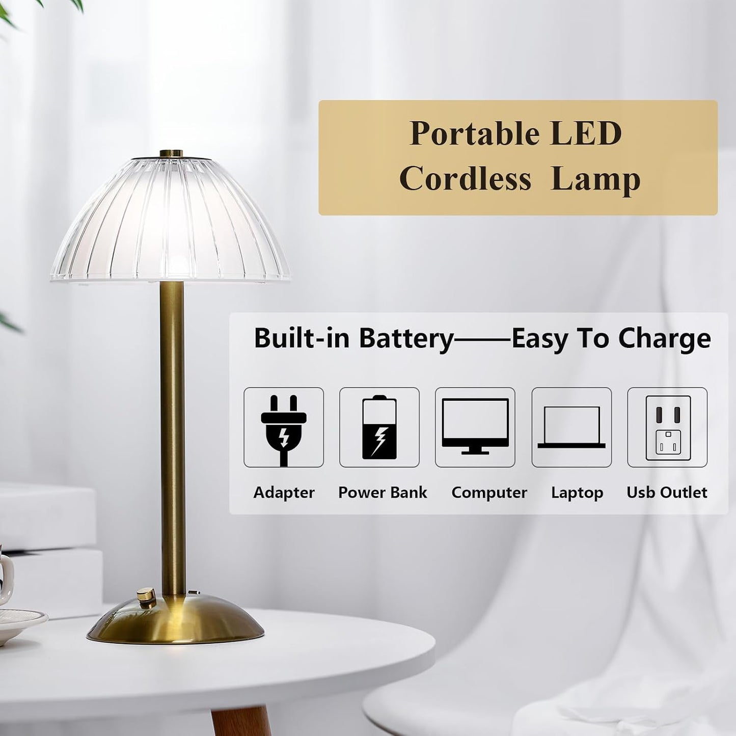 Liliful 2 Pcs Cordless Table Lamp LED Touch,Gold,Mushroom Style | 3 Color Dimmable Touch, USB-C Battery Operated