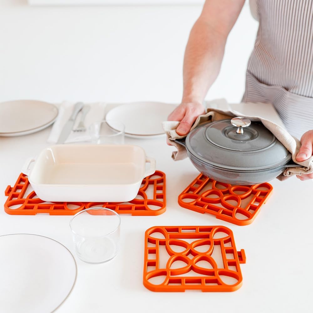4-Pack Trivets for Hot Dishes - Orange Interlocking Hot Pads for Kitchen, Coffee Bar Essentials, Silicone Mats for
