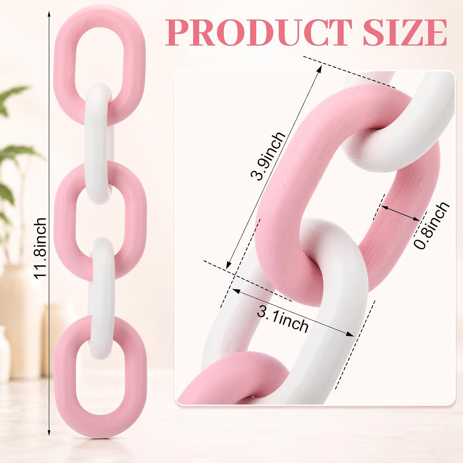 Decorative Wood Chain Link Decor Rustic 5 Link Wooden Chain Ornament / Pink White / 13.78 Inch