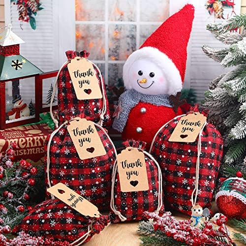 Shappy 24 Pcs Christmas Drawstring Gift Bags Xmas Buffalo Plaid Burlap Advent Bags 7 x 5 Inches Linen Treat Candy Bag with 32.8 ft Rope 24 Card(Black Red Snowflake)
